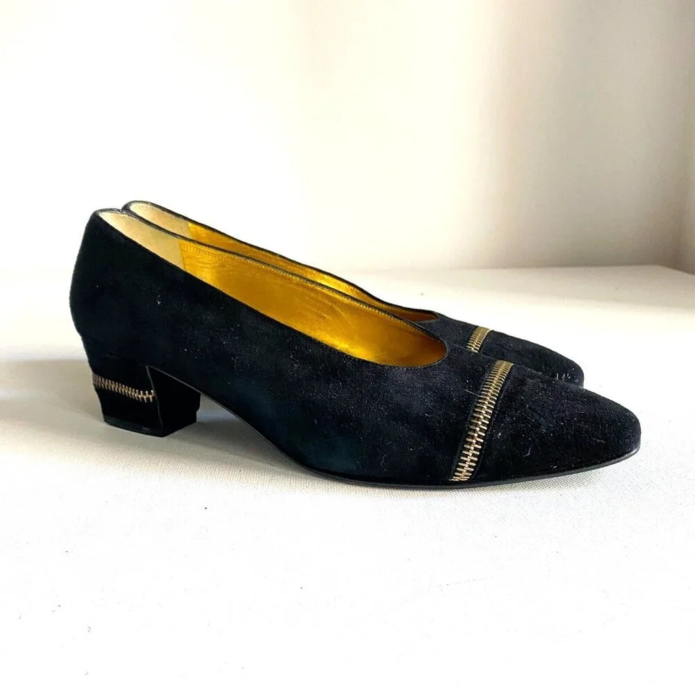 Vintage Ann Klein Couture Black Suede Zipper Detail Unique Loafers